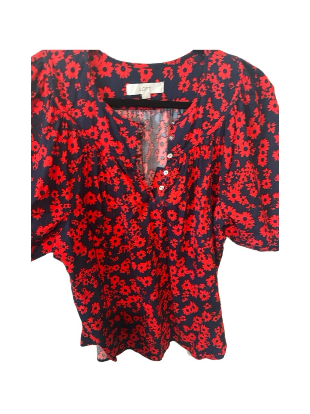 LOFT Women’s Button-Front Shirt in Black with Red Floral Print